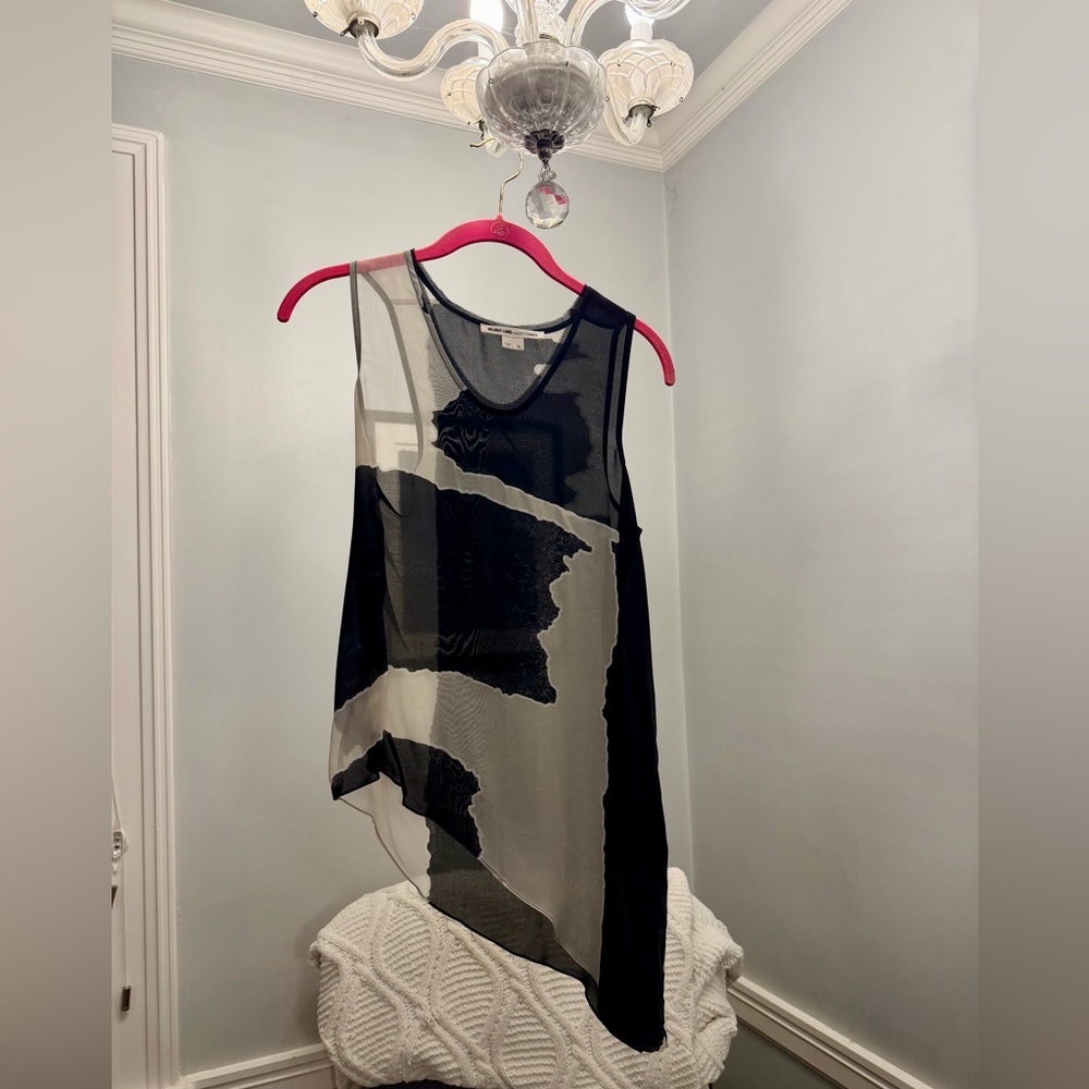 Helmut Lang Sheer Black and White Silk Asymmetrical Shirt